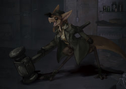 Size: 1600x1132 | Tagged: safe, artist:karintina, kassen akoll (out-of-placers), fictional species, yinglet, capcom, resident evil, the out-of-placers, clothes, glasses, karl heisenberg, mallet, resident evil village, round glasses, solo, sunglasses