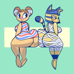 Size: 3000x3000 | Tagged: suggestive, artist:mythabyss, alice (animal crossing), ankha (animal crossing), cat, feline, koala, mammal, marsupial, anthro, plantigrade anthro, animal crossing, cc by-nc, creative commons, nintendo, abstract background, barefoot, big butt, big nose, black outline, blue body, blue eyes, blue fur, blue hair, blushing, bottomless, breasts, brown hair, butt, butt focus, butt squish, clothes, commission, digital art, dress, duo, duo female, ears, female, females only, flat colors, freckles, frowning, fur, green background, hair, high res, illustration, nudity, partial nudity, raised tail, rear view, round ears, short hair, simple background, sitting, smiling, straight hair, tail, tan body, tan fur, yellow body, yellow fur, yellow hair