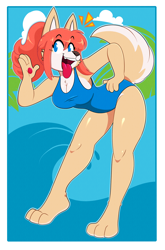 Size: 2336x3543 | Tagged: suggestive, artist:kabula_actn, oc, oc only, canine, dog, mammal, anthro, plantigrade anthro, cc by-nc-nd, creative commons, barefoot, bent over, black outline, blue border, blue eyes, blue outline, cheek fluff, clothes, cloud, colored outline, digital art, double outline, drawing, eyebrows, female, flat colors, fluff, four fingers, fur, hair, hand on hip, high res, illustration, one-piece swimsuit, orange hair, outdoors, paw pads, paws, ponytail, raised eyebrow, raised tail, sky, solo, solo female, summer, swimsuit, tail, tan body, tan fur, tongue, tongue out, water, white border