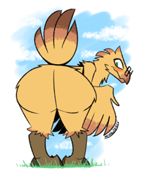 Size: 2096x2600 | Tagged: suggestive, artist:mythabyss, oc, oc only, bird, chocobo, fictional species, semi-anthro, cc by-nc, creative commons, final fantasy, square enix, beak, bent over, big butt, bipedal, black outline, blushing, butt, butt fluff, butt focus, cloud, commission, commissioner:runescail, feathers, flat colors, fluff, glasses, grass, green eyes, high res, leg fluff, neck fluff, nudity, orange feathers, raised tail, rear view, rectangular glasses, signature, sky, solo, tail, thighs, white border, wings