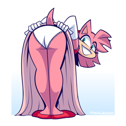 Size: 3000x3000 | Tagged: suggestive, artist:mythabyss, amy rose (sonic), hedgehog, mammal, anthro, plantigrade anthro, cc by-nc, creative commons, sega, sonic the hedgehog (series), sonic x, bent over, black outline, bottomwear, butt, butt focus, clothes, digital art, dress, dress lift, evening gloves, female, flat colors, frilly underwear, fur, gloves, gradient background, green eyes, grin, grinning at you, hair, hands, high res, illustration, long eyelashes, long gloves, looking at you, looking back, looking back at you, panties, pink body, pink fur, pink hair, rear view, shoes, short tail, signature, skirt, skirt lift, smiling, smiling at you, solo, solo female, tail, tan body, tan fur, thighs, underwear, white border