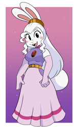 Size: 2112x3400 | Tagged: safe, artist:kabula_actn, oc, oc only, oc:princess carotene, lagomorph, mammal, rabbit, anthro, cc by-nc-nd, creative commons, belt, big tail, black outline, blush sticker, clothes, digital art, dress, ears, female, flat colors, four fingers, fur, gradient background, hair, hands, high res, illustration, long hair, looking at you, open mouth, princess, short tail, solo, solo female, spotted background, standing, straight hair, tail, wavy hair, white body, white border, white fur, white hair
