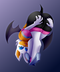 Size: 2526x3006 | Tagged: suggestive, artist:mythabyss, rouge the bat (sonic), bat, mammal, anthro, cc by-nc, creative commons, sega, sonic the hedgehog (series), bat wings, bent over, big breasts, breasts, butt, butt focus, cleavage, clothes, ears, eyelashes, eyeshadow, female, fur, gradient background, hair, hand on butt, heels, high heels, high res, looking at you, looking back, looking back at you, makeup, rear view, shoes, solo, solo female, tan body, tan fur, teal eyes, webbed wings, white hair, wings