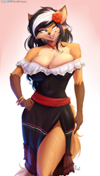 Size: 2170x3821 | Tagged: safe, artist:viejillox, oc, oc only, oc:elizabeth fox (viejillox), canine, fox, mammal, anthro, 2021, big breasts, black hair, black nose, blue eyes, bracelet, breasts, brown body, brown fur, cleavage, clothes, cream body, cream fur, dress, ear fluff, eyebrows, eyelashes, female, flower, flower in hair, fluff, fur, gloves (arm marking), hair, hair accessory, heterochromia, high res, jewelry, multicolored fur, multicolored hair, necklace, open mouth, open smile, plant, red eyes, shoulder fluff, side slit, smiling, solo, solo female, tail, tail fluff, teeth, thick thighs, thighs, tongue, two toned hair, vixen, white hair