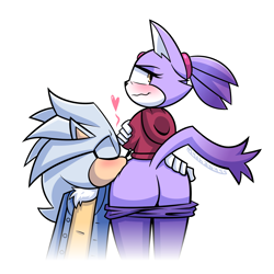 Size: 2000x2000 | Tagged: suggestive, artist:mythabyss, part of a set, blaze the cat (sonic), silver the hedgehog (sonic), cat, feline, hedgehog, mammal, anthro, cc by-nc, creative commons, sega, sonic the hedgehog (series), anthro/anthro, black outline, blushing, butt, butt grab, cheek fluff, clothes, crossed arms, digital art, drawing, duo, eyes closed, female, flat colors, fluff, fur, gradient border, gray body, gray fur, gray hair, hair, hand on butt, hand on hip, heart, high res, hoodie, illustration, jacket, kissing, looking back, male, male/female, pants, pants pulled down, ponytail, purple body, purple fur, purple hair, raised tail, rear view, shipping, signature, silvaze (sonic), simple background, tail, tail tuft, tan body, tan fur, topwear, white background, white body, white fur, yellow eyes