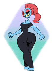Size: 2500x3500 | Tagged: suggestive, artist:mythabyss, undyne (undertale), fish, anthro, plantigrade anthro, cc by-nc, creative commons, undertale, abstract background, barefoot, big butt, black outline, blue scales, bottomwear, breasts, butt, butt focus, clothes, colored sclera, eyebrows, eyepatch, female, flat colors, grinning at you, hair, hands, high res, looking at you, looking back, looking back at you, no tail, pants, raised eyebrow, red hair, scales, sharp teeth, signature, small waist, smiling, smiling at you, solo, solo female, teeth, topwear, wide hips, yellow sclera, yellow teeth