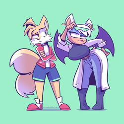 Size: 2000x2000 | Tagged: safe, artist:mythabyss, miles "tails" prower (sonic), rouge the bat (sonic), bat, canine, fox, mammal, red fox, anthro, plantigrade anthro, bna: brand new animal, cc by-nc, creative commons, sega, sonic the hedgehog (series), 2021, belt, big breasts, black outline, boots, bottomwear, breasts, cheek fluff, clothes, crossed arms, crossover, digital art, drawing, duo, ear piercing, earring, eyebrows, eyeshadow, female, flat colors, fluff, front view, frowning, fur, glasses, green background, hair, hand on hip, hands, high res, jacket, jeans, lidded eyes, looking at each other, makeup, male, multiple tails, orange body, orange fur, orange hair, pants, piercing, raised eyebrow, shirt, shoes, shorts, signature, simple background, smiling, t-shirt, tail, tail fluff, topwear, two tails, white body, white fur, white hair, wide hips, wings