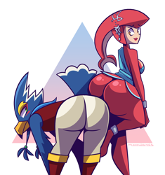 Size: 2332x2484 | Tagged: suggestive, artist:mythabyss, mipha (zelda), revali (zelda), bird, fictional species, fish, rito, zora, anthro, plantigrade anthro, cc by-nc, creative commons, nintendo, the legend of zelda, the legend of zelda: breath of the wild, abstract background, anklet, anthro/anthro, arm fluff, beak, bent over, big butt, black outline, blue feathers, boots, bottomless, bottomwear, bracelet, braid, breasts, butt, butt focus, butt squish, butt stack, clothes, digital art, drawing, duo, duo male and female, feathers, female, flat colors, green eyes, hair, hand on knee, hands on legs, high res, jewelry, looking back at each other, male, male/female, nudity, pants, partial nudity, raised tail, rear view, red scales, sash, scales, shiny, shoes, signature, simple background, smiling, tail, tan scales, thighs, topwear, vest, white background, white feathers, yellow eyes