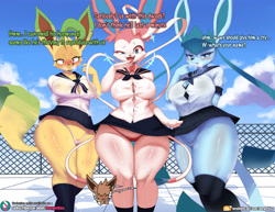 Size: 2700x2080 | Tagged: suggestive, artist:burgerkiss, oc, oc:vee, eevee, eeveelution, fictional species, glaceon, leafeon, mammal, sylveon, anthro, nintendo, pokémon, 2021, arms behind back, black nose, blushing, bottomwear, braless, breasts, cameltoe, clothes, cloud, cute, cute little fangs, dialogue, digital art, ears, eyelashes, eyes closed, fangs, female, fur, group, hair, high res, i'm in danger, imminent sex, legwear, licking, licking lips, looking at you, male, musk, offscreen character, open mouth, panties, pov, school, school uniform, schoolgirl, schoolgirl uniform, see-through, shirt, shrunken pupils, skirt, sky, speech bubble, stockings, sweat, tail, talking, teeth, text, thighs, tongue, tongue out, topwear, trio, underwear, wet, wet clothes, wet panties, wet underwear, wide hips, yandere