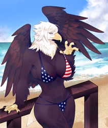 Size: 1738x2048 | Tagged: safe, artist:30clock_3096, bald eagle, bird, bird of prey, eagle, anthro, 2021, absolute cleavage, american flag bikini, beak, big breasts, bikini, breasts, claws, cleavage, clothes, feathered wings, feathers, female, huge breasts, solo, solo female, swimsuit, talons, underwear, wings