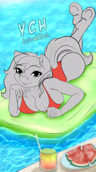 Size: 1640x2928 | Tagged: suggestive, artist:jerraldina, equine, human, mammal, pony, anthro, humanoid, clothes, drink, female, food, fruit, pool, sexy, summer, swimsuit, watermelon, ych