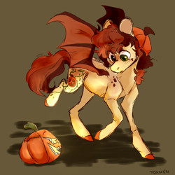Size: 1850x1850 | Tagged: safe, artist:triscafe, oc, oc only, bat pony, equine, fictional species, mammal, pony, feral, friendship is magic, hasbro, my little pony, 2021, ambiguous gender, bat wings, pumpkin, signature, solo, solo ambiguous, vegetables, webbed wings, wings