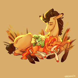 Size: 1850x1850 | Tagged: safe, artist:triscafe, oc, oc only, earth pony, equine, fictional species, mammal, pony, feral, friendship is magic, hasbro, my little pony, 2021, eyes closed, female, freckles, group, male, mare, signature, smiling, stallion, trio
