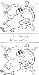 Size: 536x1015 | Tagged: suggestive, artist:gabrielcoroum, animate object, fictional species, klefki, anthro, nintendo, pokémon, 2 panel comic, belly button, comic, fat, feet, floating, grayscale, key, key ring, male, monochrome, moobs, nudity, overweight, solo, solo male, weight gain