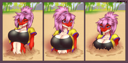 Size: 1280x631 | Tagged: safe, artist:complextree, oc, oc only, reptile, anthro, 2021, beach, belly button, big breasts, bottomwear, breasts, clothes, cloud, comic, commission, digital art, ears, eyelashes, eyes closed, female, grumpy, hair, jacket, pants, quicksand, sand, scales, sky, solo, solo female, tank top, topwear, wide hips