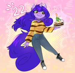 Size: 1000x967 | Tagged: safe, artist:amethystdust, oc, oc only, equine, fictional species, mammal, pony, unicorn, anthro, hasbro, my little pony, 2021, anthrofied, birthday, bottomwear, breasts, cake, clothes, digital art, ears, eyelashes, female, food, fur, hair, horn, pants, shirt, shoes, solo, solo female, tail, thighs, topwear