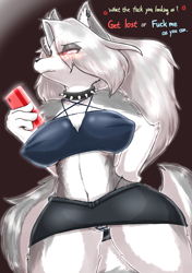 Size: 2400x3400 | Tagged: suggestive, artist:milkteafox, loona (vivzmind), canine, fictional species, hellhound, mammal, anthro, hazbin hotel, helluva boss, 2019, adorasexy, arm fluff, big breasts, blushing, bottomwear, breasts, cameltoe, cell phone, chest fluff, clothes, collar, colored sclera, cute, dialogue, ear fluff, eye through hair, eyebrow through hair, eyebrows, eyelashes, eyeshadow, female, fluff, fur, gray body, gray fur, hair, hand on hip, high res, kemono, long hair, makeup, multicolored fur, nipple outline, panties, phone, red sclera, sexy, shoulder fluff, silver hair, skirt, smartphone, solo, solo female, spiked collar, tail, tail fluff, talking, talking to viewer, thick thighs, thighs, topwear, tsundere, underwear, vulgar, white body, white eyes, white fur