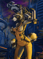 Size: 1594x2200 | Tagged: suggestive, artist:lordmagicpants, rocket raccoon (marvel), mammal, procyonid, raccoon, anthro, guardians of the galaxy, marvel, breasts, clothes, female, rule 63, solo, solo female, weapon