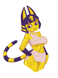 Size: 1104x1474 | Tagged: suggestive, artist:teelokay, ankha (animal crossing), cat, feline, mammal, anthro, animal crossing, nintendo, 2021, bandage, blue eyes, breasts, female, fur, hand on hip, midriff, ringtail, simple background, solo, solo female, tail, underboob, white background, wraps, yellow body, yellow fur