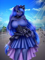 Size: 2267x3000 | Tagged: safe, artist:ashimaroo, princess luna (mlp), alicorn, equine, fictional species, mammal, pony, anthro, friendship is magic, hasbro, my little pony, 2021, anthrofied, big breasts, breasts, clothes, commission, crown, dress, eyeshadow, female, high res, jewelry, kotobukiya, kotobukiya princess luna, looking at you, makeup, mare, nail polish, regalia, smiling, solo, solo female, sparkly mane