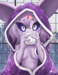 Size: 801x1025 | Tagged: safe, artist:rilexlenov, eeveelution, espeon, fictional species, mammal, anthro, cc by-nc-sa, creative commons, nintendo, pokémon, 2021, black nose, blushing, breasts, clothes, colored sclera, cup, cute, drinking, ears, eyebrow through hair, eyebrows, eyelashes, female, fur, hair, looking at you, pink body, pink fur, pink hair, purple sclera, silver eyes, solo, solo female, strategically covered