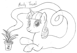 Size: 1132x794 | Tagged: safe, artist:parclytaxel, twilight velvet (mlp), equine, fictional species, genie, genie pony, mammal, pony, unicorn, feral, friendship is magic, hasbro, my little pony, female, flower pot, line art, looking at you, lying down, mare, monochrome, pencil drawing, plant, pointing, potted plant, prone, smiling, solo, solo female, traditional art