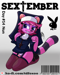 Size: 2000x2500 | Tagged: suggestive, artist:tdfoxoo, coati, mammal, procyonid, anthro, blue eyes, clothes, crouching, female, fishnet, fluff, fur, high res, kneeling, legwear, nun, panties, pink body, pink fur, playboy, priest, see-through, sextember, sextember2021, sexy, smiling, solo, solo female, stockings, tail, tail fluff, underwear