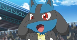 Size: 500x261 | Tagged: safe, screencap, canine, fictional species, lucario, mammal, nintendo, pokémon, ambiguous gender, fangs, open mouth, paws, paws in air, pokémon journey, red eyes, sharp teeth, solo, solo ambiguous, sparkly eyes, stadium, teeth
