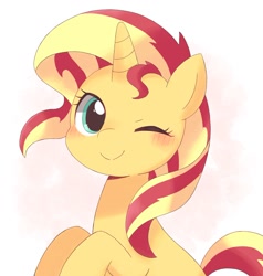 Size: 1260x1321 | Tagged: dead source, safe, artist:ginmaruxx, sunset shimmer (mlp), equine, fictional species, mammal, pony, unicorn, feral, friendship is magic, hasbro, my little pony, 2021, cute, eyelashes, female, horn, mare, one eye closed, orange body, solo, solo female, winking