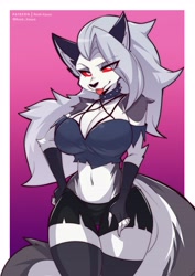 Size: 2893x4092 | Tagged: safe, artist:rook_kawa, loona (vivzmind), canine, fictional species, hellhound, mammal, anthro, hazbin hotel, helluva boss, 2021, arm fluff, belly button, big breasts, black nose, blep, border, bottomwear, breasts, chest fluff, clothes, collar, colored sclera, ear fluff, eyebrows, eyelashes, eyeshadow, female, fingerless gloves, fluff, fur, gloves, gray body, gray fur, gray hair, hair, hand on hip, legwear, long hair, looking at you, makeup, multicolored fur, red sclera, shoulder fluff, smiling, smiling at you, solo, solo female, spiked collar, tail, tail fluff, thick thighs, thigh highs, thighs, tongue, tongue out, topwear, torn clothes, white body, white border, white eyes, white fur