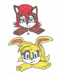Size: 948x1222 | Tagged: safe, artist:spaton37, bunnie rabbot (sonic), princess sally acorn (sonic), chipmunk, fictional species, goomba (mario), lagomorph, mammal, monster, rabbit, rodent, archie sonic the hedgehog, mario (series), sega, sonic the hedgehog (series), 2016, barefoot, crossover, duo, ears, goombafied, toes, traditional art, wiggling toes