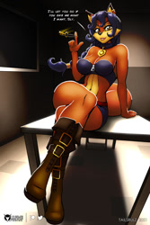 Size: 800x1200 | Tagged: suggestive, artist:tailsrulz, carmelita fox (sly cooper), canine, fox, mammal, anthro, sly cooper (series), 2021, badge, belly button, black nose, breasts, brown eyes, clothes, collar, crop top, crossed legs, dialogue, digital art, ear piercing, female, fur, hair, hair tie, indoors, key, lipstick, makeup, orange body, orange fur, piercing, purple hair, sitting, sitting on table, solo, solo female, table, talking, talking to viewer, topwear