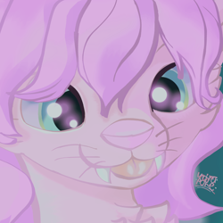 Size: 3000x3000 | Tagged: safe, artist:umbrapone, feline, mammal, saber-toothed cat, anthro, ambiguous gender, blep, chest fluff, cute, fluff, fur, hair, high res, pink body, pink fur, pink hair, purple nose, sabertooth, simple background, tongue, tongue out, whiskers