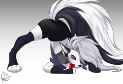 Size: 2500x1700 | Tagged: safe, artist:alexyoshirama, loona (vivzmind), canine, fictional species, hellhound, mammal, anthro, digitigrade anthro, hazbin hotel, helluva boss, 2021, black nose, bottomwear, butt, cell phone, clothes, colored sclera, ear fluff, eyebrows, eyelashes, face down ass up, female, fingerless gloves, fluff, fur, gloves, gray body, gray fur, gray hair, hair, hair over one eye, jack-o' crouch pose, legwear, long hair, meme, multicolored fur, paws, phone, red sclera, smartphone, solo, solo female, tail, tail fluff, thigh highs, thighs, toeless legwear, topwear, torn clothes, white body, white eyes, white fur