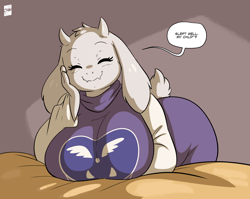 Size: 2500x1994 | Tagged: safe, artist:joaoppereiraus, toriel (undertale), bovid, goat, mammal, anthro, undertale, 2021, big butt, breasts, butt, clothes, cute, cute little fangs, dialogue, ear fluff, eyebrows, eyelashes, fangs, female, fluff, fur, hair, hand on face, horns, huge breasts, looking at you, short tail, smiling, smiling at you, solo, solo female, speech bubble, tail, tail fluff, talking, teeth, white body, white fur