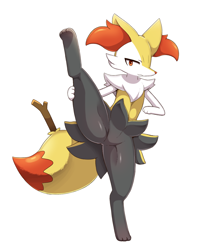 Size: 930x1131 | Tagged: suggestive, artist:sum, braixen, fictional species, anthro, digitigrade anthro, nintendo, pokémon, 2021, digital art, ear fluff, ears, featureless crotch, female, fluff, fur, holding legs, looking at you, neck fluff, pose, raised leg, red nose, simple background, solo, solo female, starter pokémon, tail, thighs, white background
