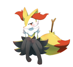 Size: 2347x2160 | Tagged: safe, artist:sum, braixen, fictional species, anthro, digitigrade anthro, nintendo, pokémon, 2021, blushing, digital art, ear fluff, ears, female, fluff, fur, high res, looking at you, neck fluff, pose, red nose, simple background, sitting, smiling, smiling at you, solo, solo female, starter pokémon, tail, thighs, white background