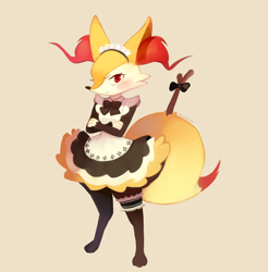 Size: 2442x2480 | Tagged: safe, artist:ropang, braixen, fictional species, anthro, digitigrade anthro, nintendo, pokémon, 2017, blushing, clothes, crossed arms, cute, digital art, ear fluff, ears, female, fluff, fur, high res, looking at you, maid, maid outfit, pouting, red nose, simple background, solo, solo female, starter pokémon, tail, thighs