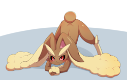 Size: 3415x2160 | Tagged: safe, artist:sum, fictional species, lopunny, mammal, anthro, digitigrade anthro, nintendo, pokémon, 2021, black nose, black sclera, blushing, butt, butt blush, colored sclera, digital art, ears, face down ass up, female, fur, high res, jack-o' crouch pose, looking at you, pose, simple background, sitting, smiling, smiling at you, solo, solo female, tail, thighs