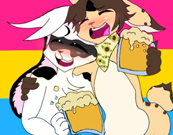Size: 624x486 | Tagged: safe, artist:or30dehbun, oc, lagomorph, mammal, rabbit, anthro, 2021, abstract background, alcohol, drink, duo, flag, male, pan pride, pansexual, pansexual pride flag, pride flag