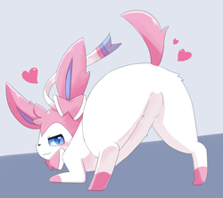 Size: 3983x3536 | Tagged: suggestive, artist:sum, eeveelution, fictional species, mammal, sylveon, feral, nintendo, pokémon, 2019, black nose, black outline, blushing, butt, digital art, ears, face down ass up, featureless crotch, female, fur, high res, jack-o' crouch pose, looking at you, looking back, looking back at you, paws, pose, simple background, solo, solo female, tail, thighs