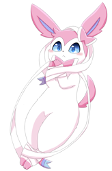 Size: 3274x4993 | Tagged: suggestive, artist:sum, eeveelution, fictional species, mammal, sylveon, feral, nintendo, pokémon, 2019, absurd resolution, black nose, black outline, blushing, digital art, ears, featureless crotch, female, fur, paws, pose, simple background, solo, solo female, tail, thighs