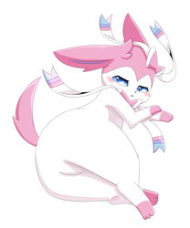 Size: 4007x4813 | Tagged: suggestive, artist:sum, eeveelution, fictional species, mammal, sylveon, feral, nintendo, pokémon, 2019, absurd resolution, bedroom eyes, black nose, black outline, blushing, butt, digital art, ears, featureless crotch, female, fur, looking at you, looking back, looking back at you, lying down, paws, pose, simple background, solo, solo female, tail, thighs