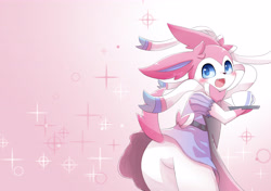 Size: 5016x3541 | Tagged: safe, artist:sum, eeveelution, fictional species, mammal, sylveon, feral, nintendo, pokémon, 2019, black nose, black outline, blushing, butt, clothes, digital art, ears, female, fur, looking at you, looking back, looking back at you, maid, maid outfit, open mouth, paws, pose, rear view, simple background, solo, solo female, tail, thighs, tongue