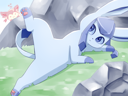 Size: 1024x768 | Tagged: safe, artist:sum, eeveelution, fictional species, glaceon, mammal, sylveon, feral, nintendo, pokémon, 2019, ambiguous gender, black nose, blushing, digital art, duo, duo ambiguous, ears, eyes closed, fur, paws, peeping, pose, tail, thighs