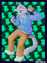 Size: 3357x4500 | Tagged: safe, artist:marykimer, hajime tanaka (odd taxi), feline, mammal, anthro, odd taxi, clothes, coffee, drink, fanart, fluff, phone, tail, tail fluff, whiskers
