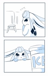 Size: 750x1200 | Tagged: safe, artist:sum, eeveelution, fictional species, glaceon, mammal, feral, nintendo, pokémon, 2019, ambiguous gender, black nose, blushing, comic, digital art, ears, floppy ears, food, fur, ice cream, looking back, monochrome, paws, solo, solo ambiguous, tail, thighs