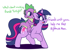 Size: 3500x2484 | Tagged: safe, artist:graphene, spike (mlp), twilight sparkle (mlp), dragon, equine, fictional species, mammal, pony, reptile, scaled dragon, unicorn, western dragon, feral, semi-anthro, friendship is magic, hasbro, my little pony, 2017, dialogue, duo, duo male and female, female, high res, horn, male, newbie artist training grounds, open mouth, simple background, tail, talking, white background