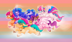 Size: 3755x2236 | Tagged: safe, artist:mario-wolfe, hitch trailblazer (mlp), izzy moonbow (mlp), pipp petals (mlp), sunny starscout (mlp), zipp storm (mlp), earth pony, equine, fictional species, mammal, pegasus, pony, unicorn, feral, hasbro, my little pony, my little pony g5, spoiler, spoiler:my little pony g5, 2021, blep, circlet, ear fluff, feathered wings, feathers, female, fluff, group, high res, hooves, horn, male, mane five (mlp g5), mare, stallion, tail, tongue, tongue out, unshorn fetlocks, wings