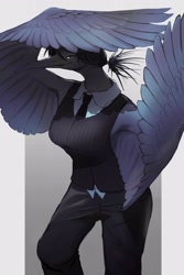 Size: 1364x2048 | Tagged: safe, artist:30clock_3096, oc, oc only, bird, heron, anthro, 2021, beak, black heron, bottomwear, clothes, feathered wings, feathers, female, necktie, pants, shirt, solo, solo female, topwear, wings